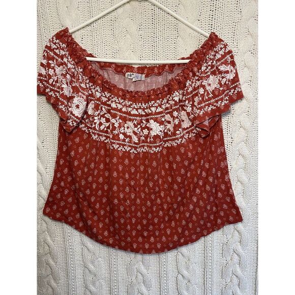 Jolt Tops - JOLT‎ M Burnt Orange Floral Print Off Shoulder Crop Top Boho Flowy